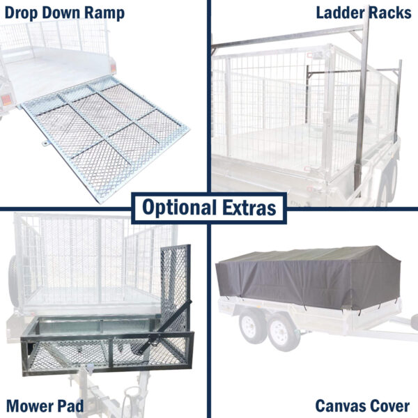 A collage displays four trailer accessories for the Premium 12x6 Dual Axle Heavy Duty Tandem Trailer - 3500KG ATM: top left shows a drop-down ramp, top right are ladder racks, bottom left features a mower pad, and bottom right shows a trailer with a canvas cover. Optional Extras is centered.