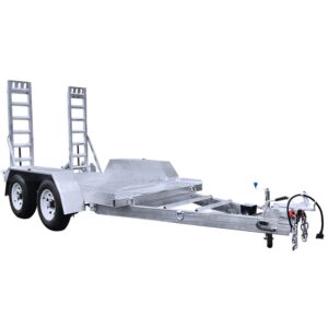 Flatbed utility trailer with dual axles, metal frame, and loading ramps. Designed for transporting heavy equipment or vehicles. Features a hitch for towing and safety chains.