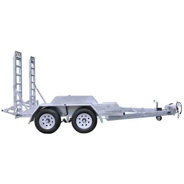 The 8x4 Galvanized Plant Trailer, with a 3500KG ATM, has a silver finish and features dual heavy-duty wheels per axle, a loading ramp, and a towing hitch. Its designed for transporting vehicles or equipment and is showcased against a plain white background.