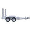 Side view of a metallic utility trailer with dual axles and four wheels. The trailer features a flatbed with a winch and two tall loading ramps at the back. It is designed for transporting vehicles or heavy equipment.