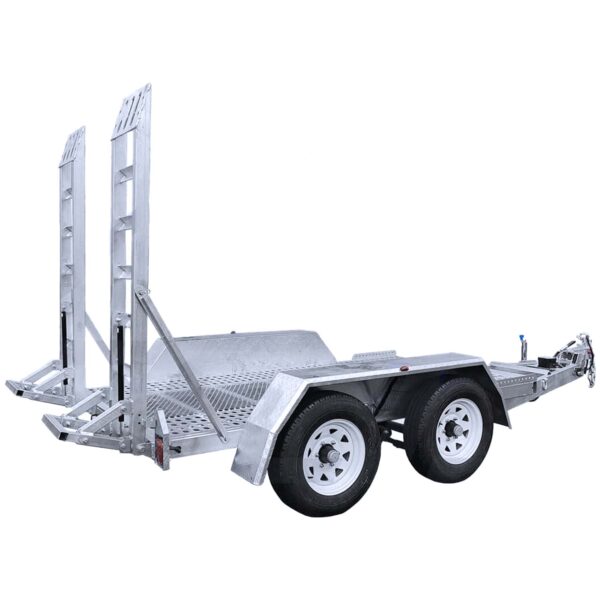 A silver dual-axle car trailer with two ramps at the rear, designed for transporting vehicles. It has white wheels and a metal surface with a grid pattern for traction. The front features a hitch for towing.