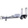 A flatbed aluminum trailer with dual axles and two loading ramps at the rear. The trailer features a raised platform for loading, and there is a hitch at the front for towing. The design is robust and suitable for transporting vehicles or equipment.
