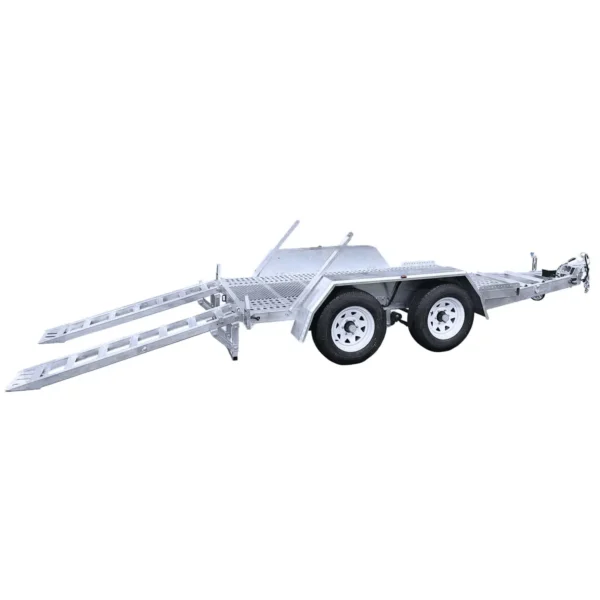 A silver, dual-axle car trailer with two extended loading ramps and white wheel rims, designed for towing vehicles. The trailer has a tilt bed, hitch, and is set against a plain white background.
