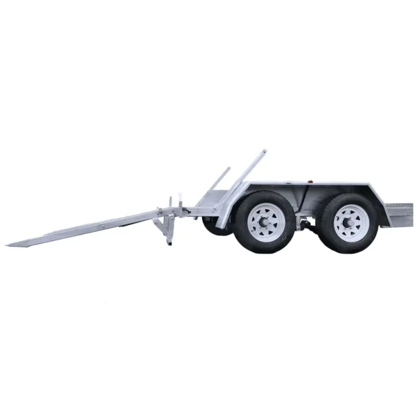 Side view of a silver dual-axle trailer with two wheels on each side. The trailer has a long tongue extending from the front, angled downwards. The design is simple, suitable for transporting goods.