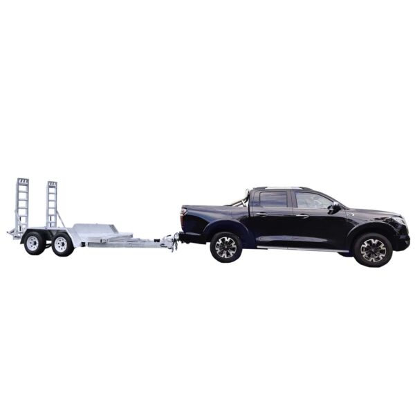 A black pickup truck is towing a silver utility trailer with two axles and ramps. The trailer appears empty, and the truck is viewed in profile from the side against a plain white background.