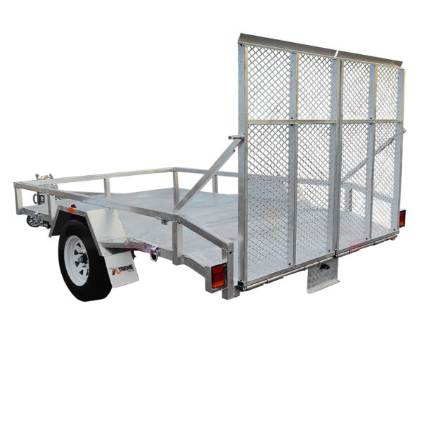 The 10x7 Heavy-Duty Trailer, perfect for ATVs, zero turn mowers, golf carts, and buggies with a 1400KG capacity, is silver with a white single axle wheel and fender. It features a metal mesh ramp at the rear and a coupling hitch at the front.