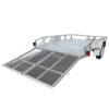 The 10x7 Heavy-Duty Trailer for ATV, Zero Turn Mower, Golf Cart, and Buggy has a metal build with a mesh ramp for easy loading. It features two wheels, a sturdy frame, and red taillights. With a 1400KG capacity, its ideal for various hauling needs.