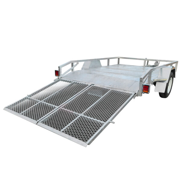 The 10x7 Heavy-Duty Trailer for ATV, Zero Turn Mower, Golf Cart, and Buggy has a metal build with a mesh ramp for easy loading. It features two wheels, a sturdy frame, and red taillights. With a 1400KG capacity, its ideal for various hauling needs.