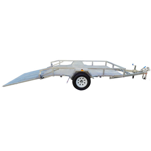 Side view of the 10x7 Heavy-Duty ATV, Zero Turn Mower, Golf Cart, Buggy Trailer with single axle and diamond-patterned ramp. This metal trailer has a flatbed design with perimeter railings and a front hitch for towing. Capacity: 1400KG.