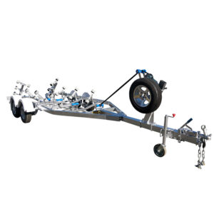 The 5.7m Galvanized Boat Trailer, ideal for 5.2m-5.7m boats, features a sturdy metal frame, multiple rollers, a winch strap, double axle wheels, and an attached front spare tire with a 2000kg ATM capacity for easy transport and loading.