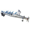 The 7.5m Galvanized Dual Axle Boat Trailer (3500kg ATM) with multiple blue rollers features a winch, safety chains, and a front wheel jack for easy maneuvering. Suitable for transporting boats sized 6.8m-7.5m (22.3ft-24.6ft).