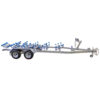 The 7.5m Galvanized Dual Axle Boat Trailer, ideal for boats 6.8m-7.5m, features a 3500kg ATM, multiple blue rollers, a tow hitch, winch, and jockey wheel for optimal boat transport support.