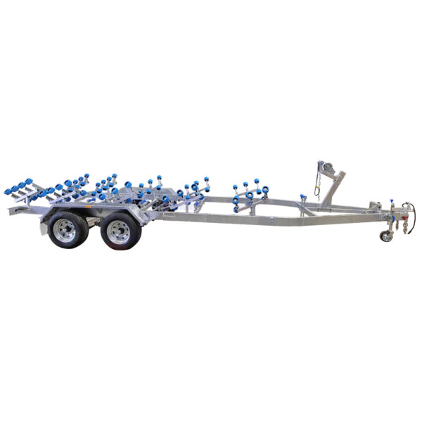 The 7.5m Galvanized Dual Axle Boat Trailer, ideal for boats 6.8m-7.5m, features a 3500kg ATM, multiple blue rollers, a tow hitch, winch, and jockey wheel for optimal boat transport support.