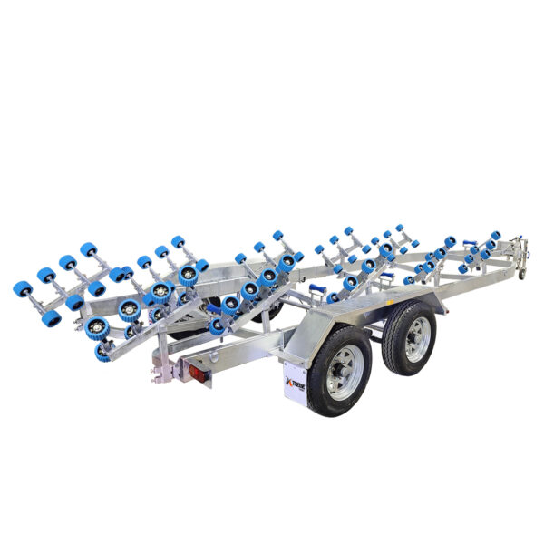 The 7.5m Galvanized Dual Axle Boat Trailer, ideal for 6.8m-7.5m boats and supporting up to 3500kg, features a silver tilting framework with dual wheels and multiple blue roller supports on a white background.
