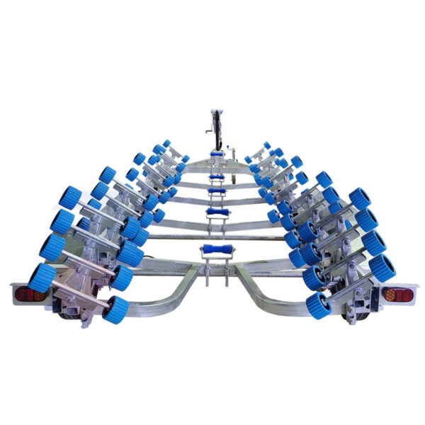 A 7.5m Galvanized Dual Axle Boat Trailer with a 3500kg ATM features multiple blue rollers to support hulls of boats sized 6.8m-7.5m, complemented by metal frames and rear taillights, viewed from the back to highlight the symmetrical roller setup.