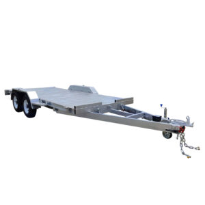 The Dual Axle Premium 3500KG Car Trailer has a spacious 16.4×6.6FT (5x2M) deck, dual wheels, and a metallic frame, ideal for transporting vehicles or heavy goods. It features a tow hitch at the front and is shown on a white background.
