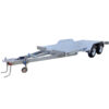 The Dual Axle Premium 3500KG Car Trailer features a spacious 16.4×6.6FT deck, metal frame, two axles, a long tongue with hitch and safety chains, wheel fenders, and a front manual winch for vehicle security.