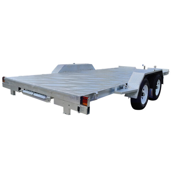 The Dual Axle Premium 3500KG Car Trailer features a spacious 16.4×6.6FT deck with a metallic surface, dual axles, and two wheels per side. Rear lights are visible, with no sidewalls or roof, making it sturdy for transporting large or heavy items.