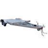The Dual Axle Premium 3500KG Car Trailer is shown, featuring a durable aluminum build with a spacious 16.4×6.6FT (5x2M) deck for vehicles or cargo, dual wheels, and a hitch with safety chains for secure attachment to a vehicle.