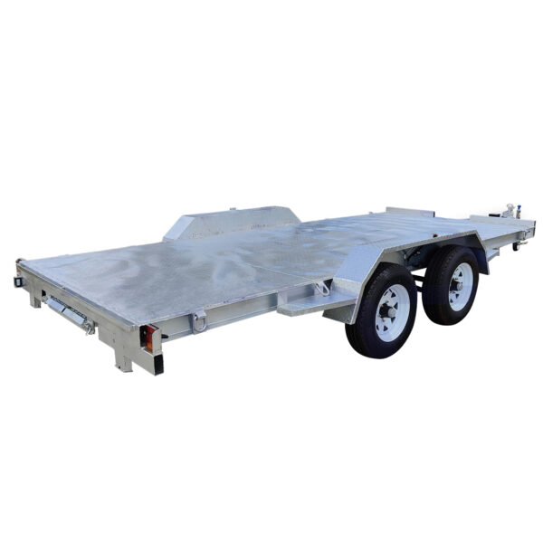 The Dual Axle Premium 3500KG Car Trailer features a galvanized steel surface, four wheels, and a low-profile design for easy loading. It has a spacious 16.4×6.6FT (5x2M) deck, ideal for transporting vehicles or heavy loads.