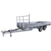 The Premium 14x7 Galvanized Flat Top Trailer, boasting a 3500KGS ATM, includes dual axles and rear mesh gated ramps. It’s designed for transporting equipment or materials and features a front hitch with a wheel for easy maneuvering.
