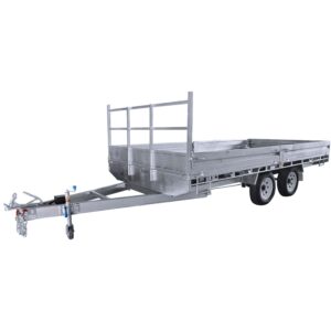 The Premium 14x7 Galvanized Flat Top Trailer, boasting a 3500KGS ATM, includes dual axles and rear mesh gated ramps. It’s designed for transporting equipment or materials and features a front hitch with a wheel for easy maneuvering.