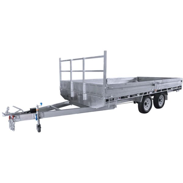The Premium 14x7 Galvanized Flat Top Trailer, boasting a 3500KGS ATM, includes dual axles and rear mesh gated ramps. It’s designed for transporting equipment or materials and features a front hitch with a wheel for easy maneuvering.