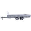 The Premium 14x7 Galvanized Flat Top Trailer features two axles, four wheels, a towing hitch, side rails, and a front ladder rack. With a 3500KGS ATM and ramps, the trailer is shown in profile against a plain white background.