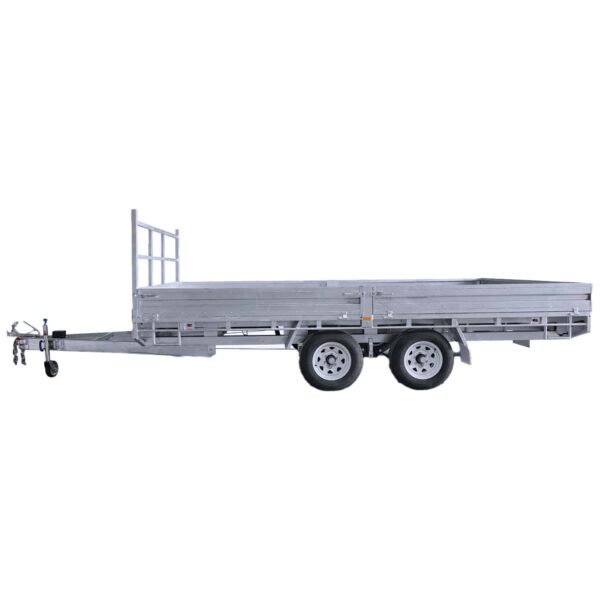 A side view of the Premium 16x8 Galvanized Flat Top Trailer showcases its silver finish, solid side panels, dual axles, hitch, and a metal frame designed for 3500KGS ATM cargo. It features a front ladder-like structure ideal for transporting goods efficiently.