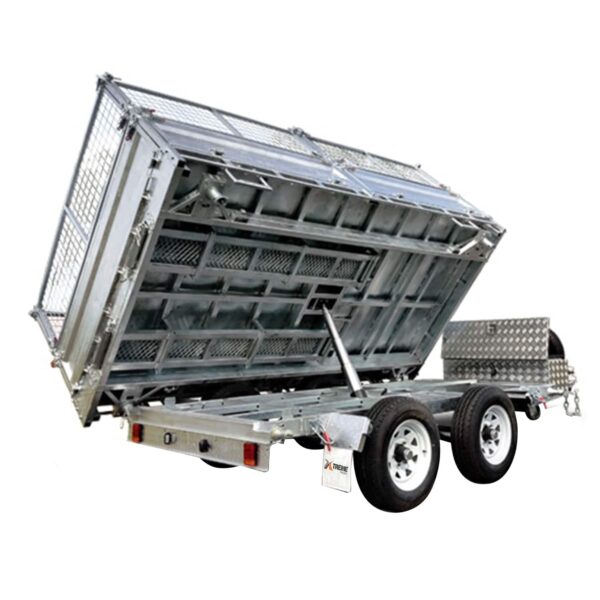 A 12×7 dual axle hydraulic 3-way tipper flat top trailer (3500KG ATM) with mesh sides and a diamond-pattern front storage box is shown raised at an angle, highlighting its tilting feature.