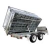 The 12×7 Dual Axle Hydraulic 3-Way Tipper Flat Top Trailer - 3500KG ATM with Ramps is displayed in a tilted position, featuring a metal mesh enclosure and a front locking tool box, designed for carrying and dumping materials.