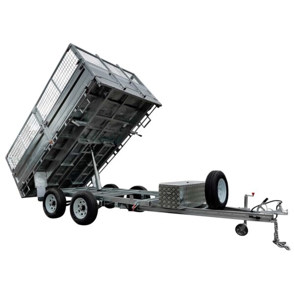 The 12×7 Dual Axle Hydraulic Tipper Tandem Box Trailer - 3500KG ATM With Ramps features an inclined, mesh-sided cargo bed, a diamond-plate storage box, a spare tire on the tongue, a manual handbrake, and a towing hitch for hauling.