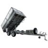 The 12×7 Dual Axle Hydraulic Tipper Tandem Box Trailer - 3500KG ATM With Ramps features a metal frame, mesh side, spare tire, and metal toolbox on the tongue. Its shown tilted for loading/unloading.