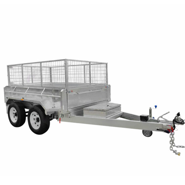A 10×5 Dual Axle Hydraulic Tipper Tandem Box Trailer (3500KG ATM) with ramp holders. Features metal mesh sides, flatbed, front storage compartment, dual axles (two wheels per side), and a hitch for towing.