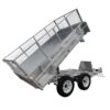 The 10×5 Dual Axle Hydraulic Tipper Tandem Box Trailer - 3500KG ATM With Ramp Holders is a silver, metal utility trailer featuring a tilt bed, two wheels, mesh side panels, and a front coupling mechanism for heavy load transport.