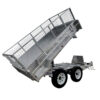 A 10×5 Dual Axle Hydraulic Tipper Tandem Box Trailer (3500KG ATM) with ramp holders in silver, featuring a mesh cage and tilting bed for dumping, is shown against a plain white background.