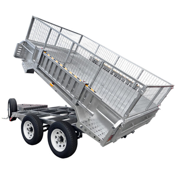 A 10×5 Dual Axle Hydraulic Tipper Tandem Box Trailer (3500KG ATM) with mesh sides is shown raised for dumping. The trailer features black tires with white rims and ramp holders.