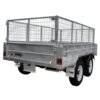 A 10×5 Dual Axle Hydraulic Tipper Tandem Box Trailer - 3500KG ATM with metal floor, mesh wire sides, white wheels, red and orange reflectors, a brand logo on mud guards; shown from the rear-left angle with ramp holders.