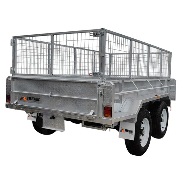 A 10×5 Dual Axle Hydraulic Tipper Tandem Box Trailer - 3500KG ATM with metal floor, mesh wire sides, white wheels, red and orange reflectors, a brand logo on mud guards; shown from the rear-left angle with ramp holders.