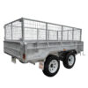 The 10×5 Dual Axle Hydraulic Tipper Tandem Box Trailer – 3500KG ATM with ramp holders features high wire mesh sides, double axles, and white wheels. Shown empty against a white background, it’s ideal for hauling materials.