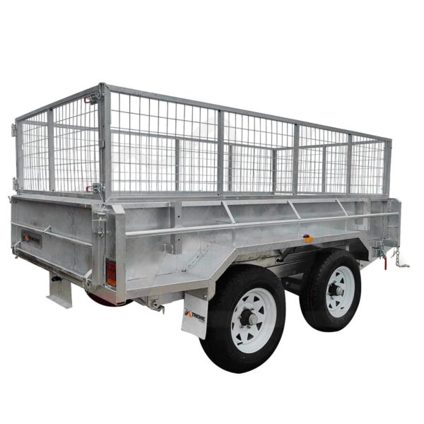 The 10×5 Dual Axle Hydraulic Tipper Tandem Box Trailer - 3500KG ATM with Ramp Holders is a metal utility trailer with high mesh sides, robust build, and dual wheels. It is open-topped for transporting goods or equipment and set against a white background.