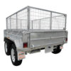 A 10×5 Dual Axle Hydraulic Tipper Tandem Box Trailer (3500KG ATM) with high wire mesh sides and white wheels, viewed from the rear left. The trailer is empty, has ramp holders, and features a diamond plate metal body.