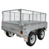 A 10×5 Dual Axle Hydraulic Tipper Tandem Box Trailer (3500KG ATM) features mesh cage sides, white wheels, rear lights, and ramp holders; shown from the back corner at an angle.