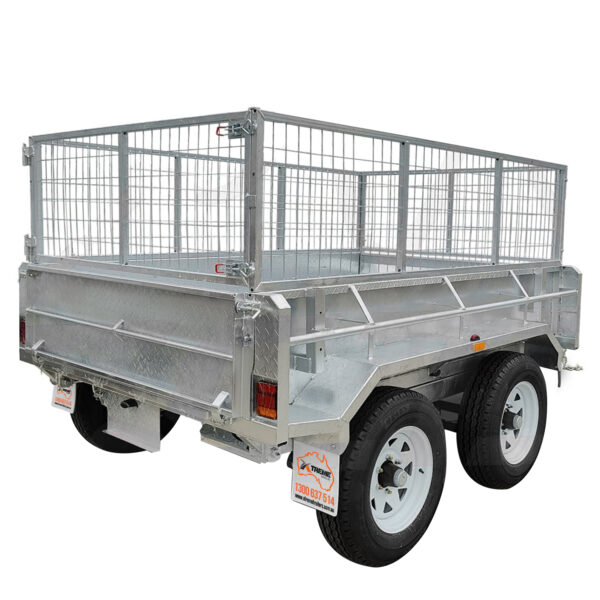 A 10×5 Dual Axle Hydraulic Tipper Tandem Box Trailer (3500KG ATM) features mesh cage sides, white wheels, rear lights, and ramp holders; shown from the back corner at an angle.
