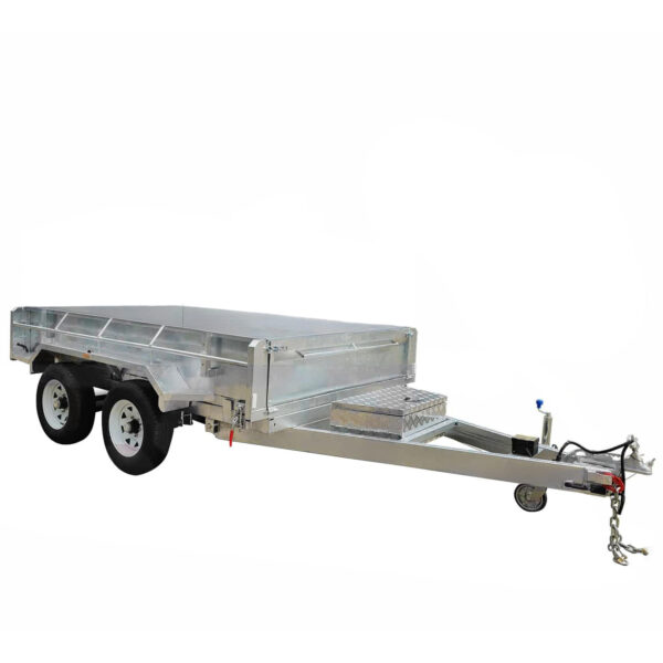 The 10×5 Dual Axle Hydraulic Tipper Tandem Box Trailer - 3500KG ATM comes with ramp holders, designed for hauling with a sturdy frame and hitch. A chain and brake cable are visible at the front.