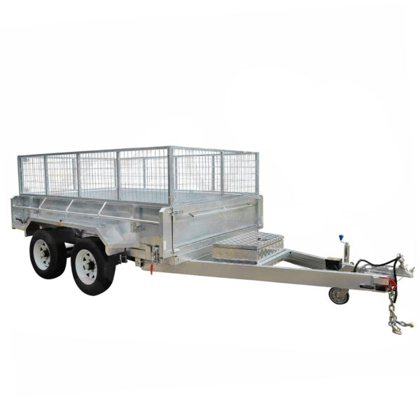 The 10×6 Dual Axle Hydraulic Tipper Tandem Box Trailer (3500KG ATM) with ramp holders features mesh side panels and a tow hitch, designed for hauling cargo. Shown in silver on a plain white background.