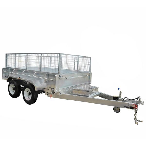 The 10×6 Dual Axle Hydraulic Tipper Tandem Box Trailer - 3500KG ATM With Ramp Holders is a dual-axle utility trailer featuring a robust metal frame, flatbed with mesh sides, and a towing hitch with safety chains for hauling heavy loads.
