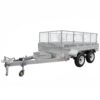 The 10×6 Dual Axle Hydraulic Tipper Tandem Box Trailer features metal mesh sides, a flatbed, hitch, chain attachment, and a support wheel. It includes dual axles with two wheels on each side and has ramp holders for convenience. Rated at 3500KG ATM.