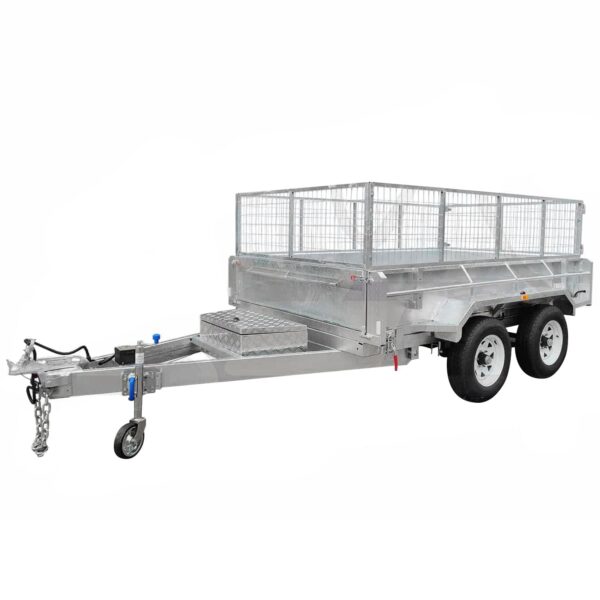 The 10×6 Dual Axle Hydraulic Tipper Tandem Box Trailer features metal mesh sides, a flatbed, hitch, chain attachment, and a support wheel. It includes dual axles with two wheels on each side and has ramp holders for convenience. Rated at 3500KG ATM.