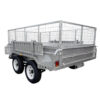 The 10×6 Dual Axle Hydraulic Tipper Tandem Box Trailer (3500KG ATM) with ramp holders features cage-style side panels, a sturdy open-frame design, white wheels, rear lights, and is shown on a white background.